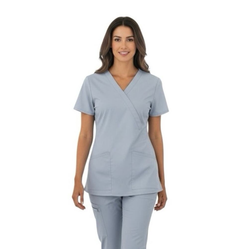 Grey's Anatomy Barco Mock Wrap Scrub Top 3 Pocket Ceil Blue Women's Medium
